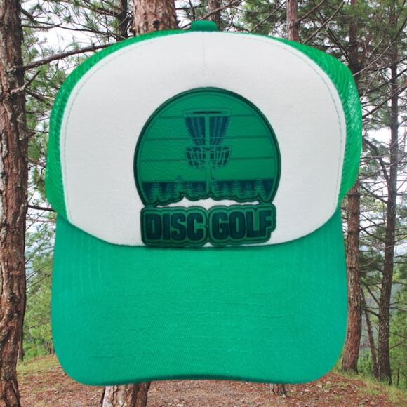 Disc Golf Leather Patch Hat Custom Trucker Hat Engraved Basket Wht/Kelly Green - Picture 5 of 8